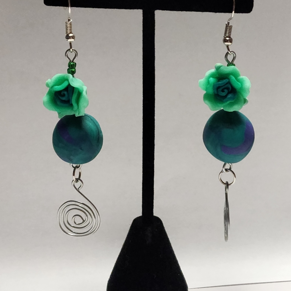 Handmade polymer clay bead and wire wrap dangle earrings
